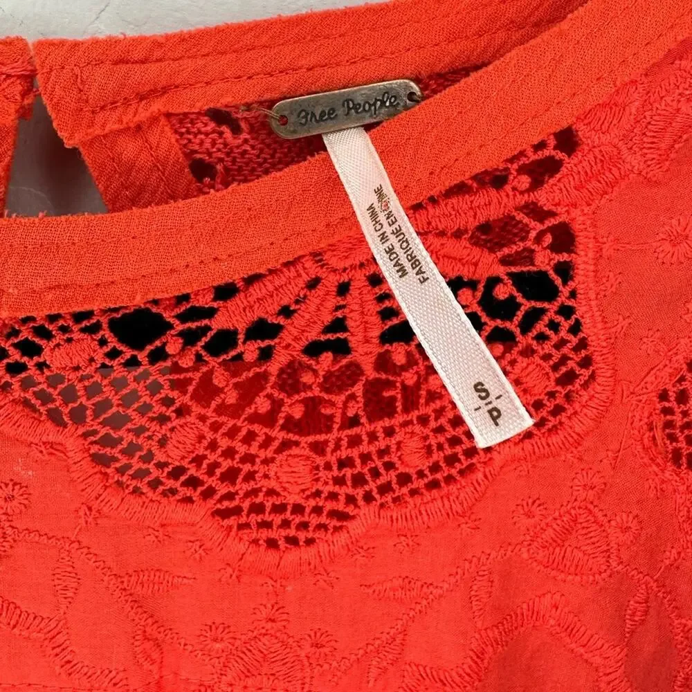 Free People Women’s Red Once Upon A Time Crochet Red Top with Bell Sleeve size S